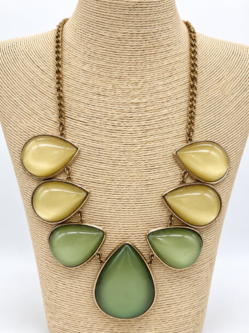 Gold Tone Green & Yellow Teardrop Statement Bib Necklace